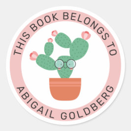 Pegatina Redonda Cute Bookish Cactus Este Libro Pertenece A
