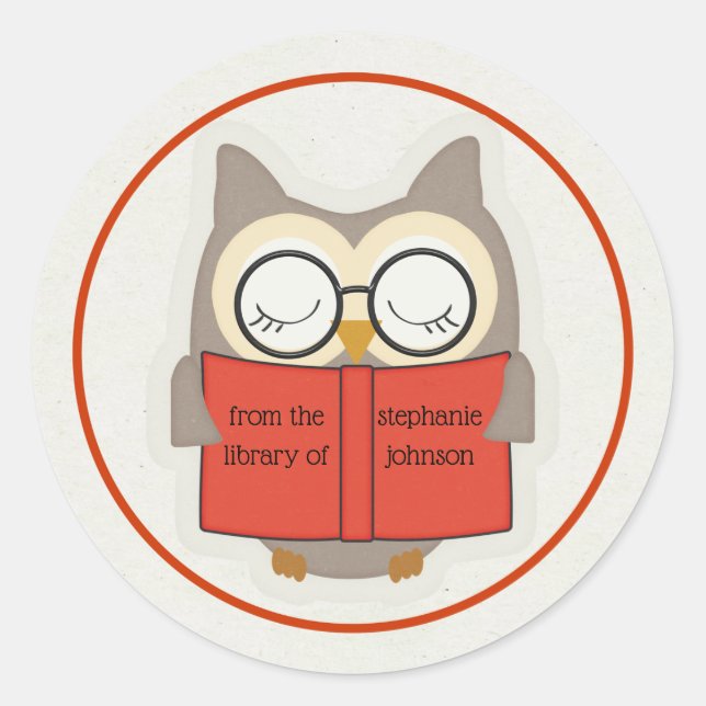Pegatina Redonda Cute Bookish Owl Red-Taupe-White Bookplate (Anverso)