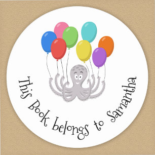 Pegatina Redonda Cute Bookplate Este Libro Pertenece A Un Octopus D