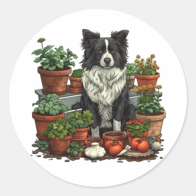 Pegatina Redonda Cute Border Collie Gardening (Anverso)