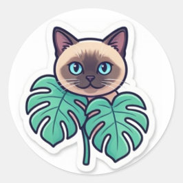 Pegatina Redonda Cute Botanical Siamese Cat With Leaves Sticker  