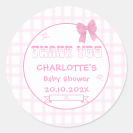 Pegatina Redonda Cute Bow Pastel Pink Gingham Baby Shower Gracias