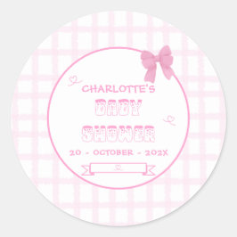 Pegatina Redonda Cute Bow Pastel Rosa Gingham Baby Shower