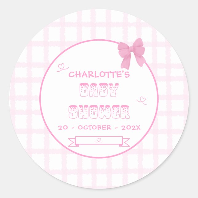 Pegatina Redonda Cute Bow Pastel Rosa Gingham Baby Shower (Anverso)