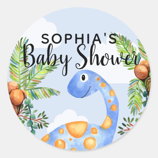 Pegatina Redonda Cute Boys acuarela Dinosaurio Baby Shower moderno (Anverso)