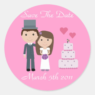 Pegatina Redonda Cute Bride & Groom & Cake Pink Save The Date