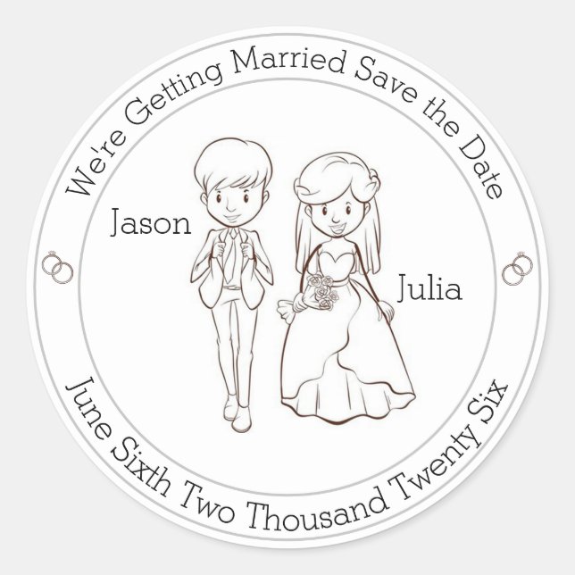 Pegatina Redonda Cute Bride y Groom Save the Date (Anverso)