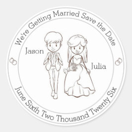 Pegatina Redonda Cute Bride y Groom Save the Date