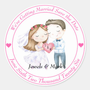 Pegatina Redonda Cute Bride y Groom Save the Date