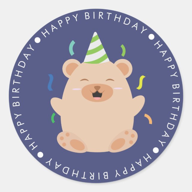 Pegatina Redonda Cute Brown Bear Happy Birday (Anverso)