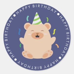 Pegatina Redonda Cute Brown Bear Happy Birday
