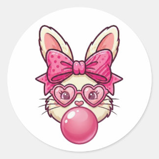 Pegatina Redonda Cute Bubblegum Bunny with Heart Glasses