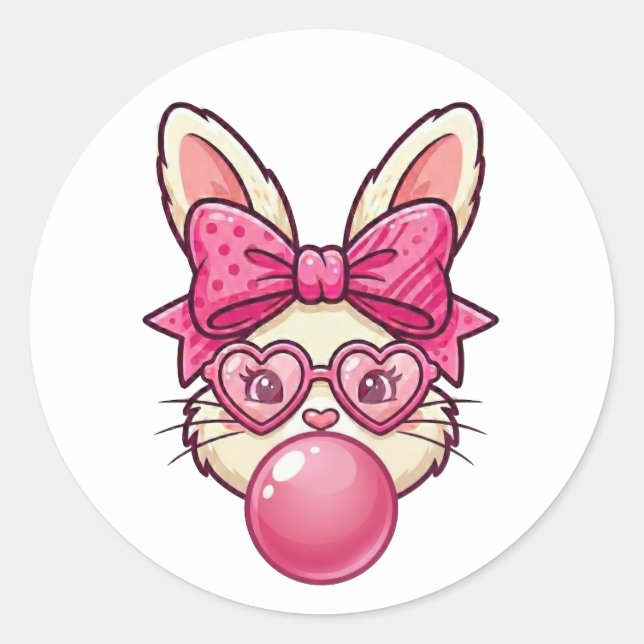 Pegatina Redonda Cute Bubblegum Bunny with Heart Glasses (Anverso)