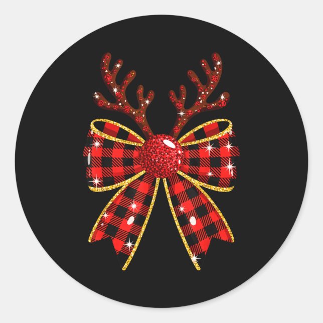 Pegatina Redonda Cute Buffalo Plaid Coquette Bow Reindeer Christmas (Anverso)