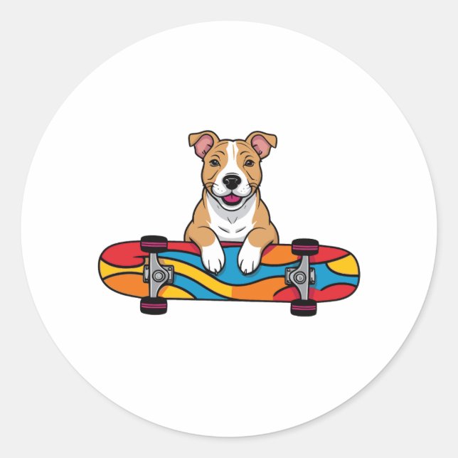 Pegatina Redonda Cute Bull Terrier en una Skateboard (Anverso)