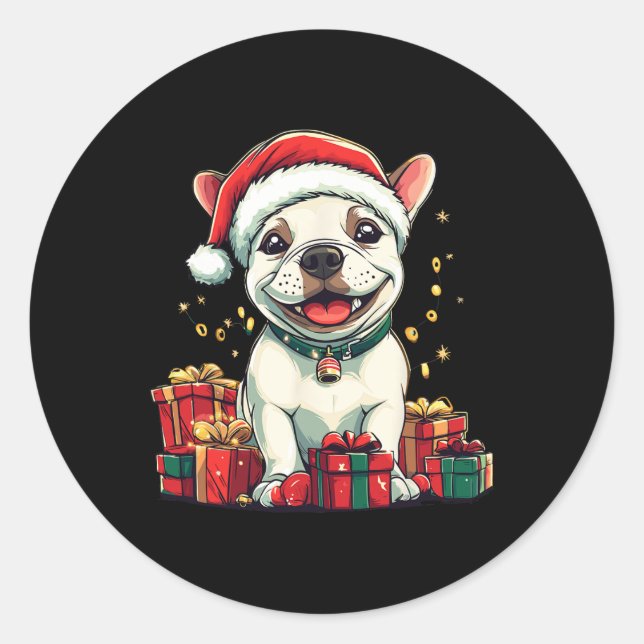 Pegatina Redonda Cute Bull Terrier Santa Hat Funny Navidades Xmas D (Anverso)