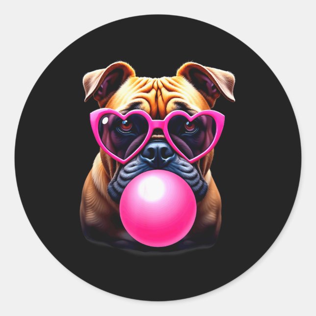 Pegatina Redonda Cute Bulldog Blowing Bubble Gum  (Anverso)
