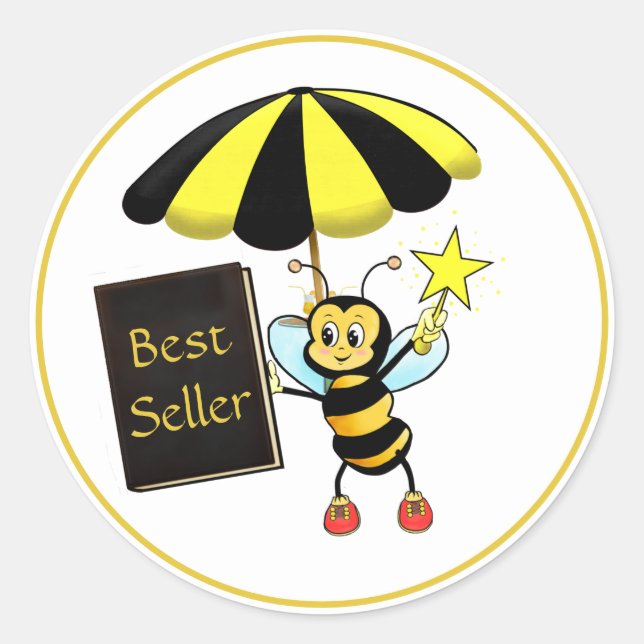 Pegatina Redonda Cute Bumble Bee & Best Seller Book (Anverso)