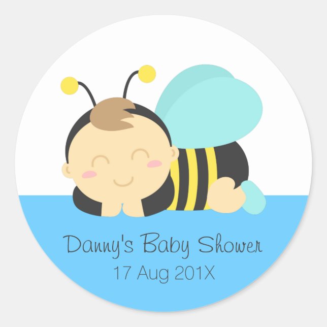 Pegatina Redonda Cute Bumble Bee Boy Baby Shower (Anverso)