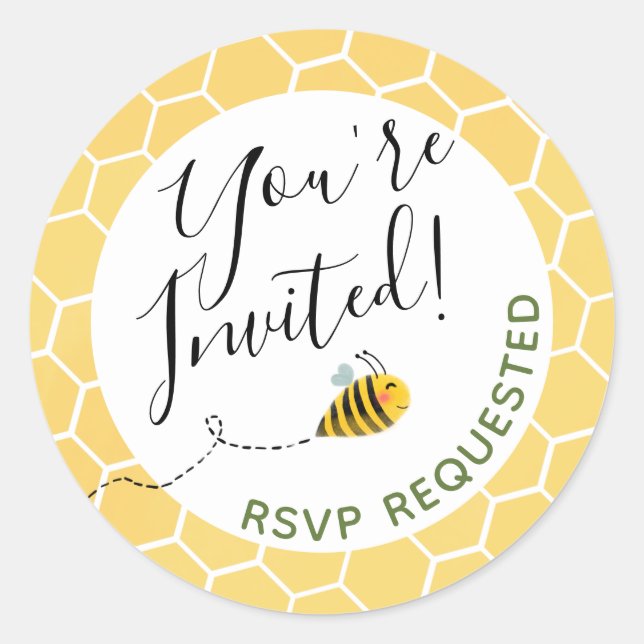 Pegatina Redonda Cute Bumble Bee Fiesta Baby Shower que te invitan (Anverso)