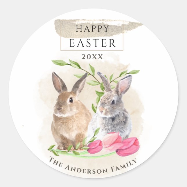 Pegatina Redonda Cute Bunnies de Pascua | Feliz arte acuático de Pa (Anverso)