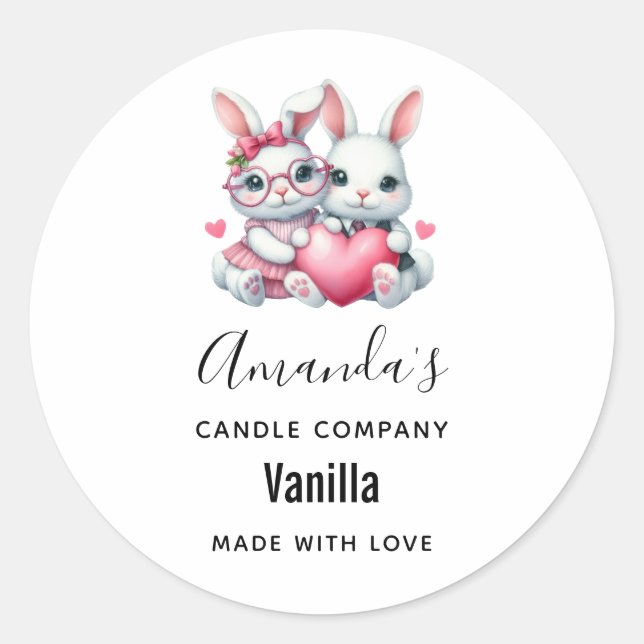 Pegatina Redonda Cute Bunnies Sharing a Heart Candle Business (Anverso)