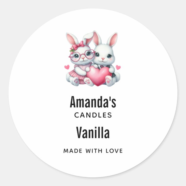 Pegatina Redonda Cute Bunnies Sharing a Heart Candle Business (Anverso)