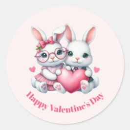 Pegatina Redonda Cute Bunnies Sharing a Heart Valentine's Day