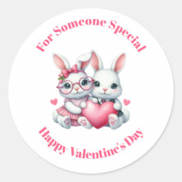 Pegatina Redonda Cute Bunnies Sharing a Heart Valentine's Day