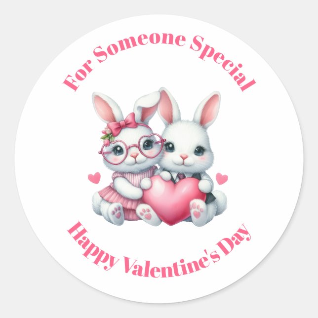 Pegatina Redonda Cute Bunnies Sharing a Heart Valentine's Day (Anverso)