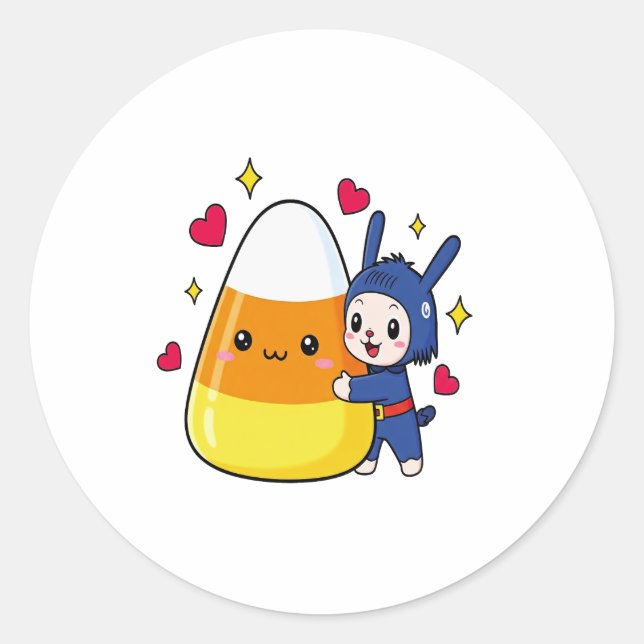 Pegatina Redonda Cute Bunny Abgging Candy Corn (Anverso)