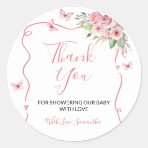 Pegatina Redonda Cute Bunny Baby Shower Niña Agradecimiento Floral 