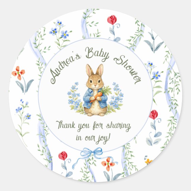 Pegatina Redonda Cute Bunny Boy Floral Blue Bow Baby Shower  (Anverso)
