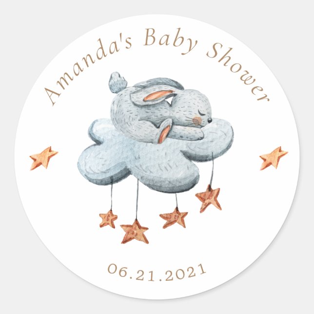 Pegatina Redonda Cute Bunny Clouds Stars Baby Shower (Anverso)