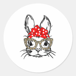 Pegatina Redonda Cute Bunny Face Leopardo Print Red Bandana Rabbit
