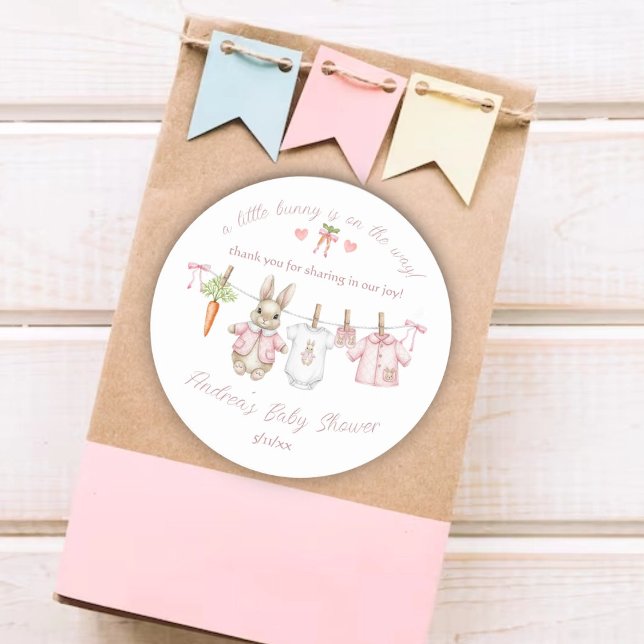 Pegatina Redonda Cute Bunny Girl Clothesline Baby Shower Thank You (Subido por el creador)