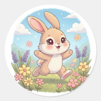 Pegatina Redonda Cute Bunny Hopping in a Flower Field