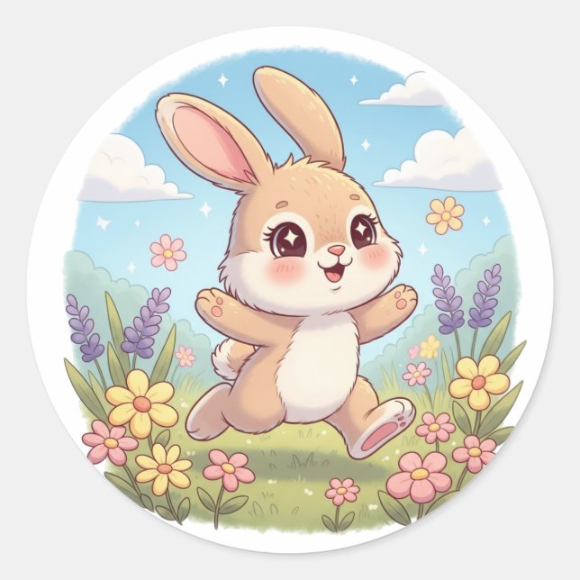 Pegatina Redonda Cute Bunny Hopping in a Flower Field (Anverso)