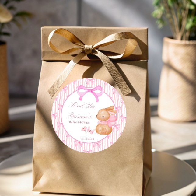 Pegatina Redonda Cute Bunny lazo rosa favor de baby shower (Cute Bunny pink bow baby shower personalized favor Stickers thank you stickers)