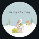 Pegatina Redonda Cute Bunny Merry Christmas<br><div class="desc">Un lindo conejito sentado en la nieve.</div>