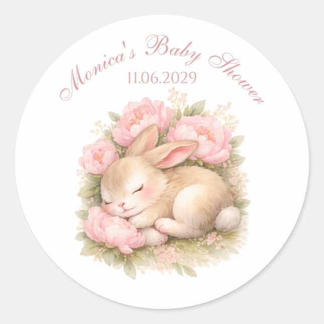 Pegatina Redonda Cute Bunny Rabbit Pink Blush Peonía Baby Shower (Anverso)