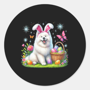Pegatina Redonda Cute Bunny Samoyed Dog Easter Eggets Basket Easter