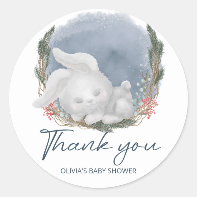 Pegatina Redonda Cute Bunny Snowly Winter Baby Shower Gracias (Anverso)