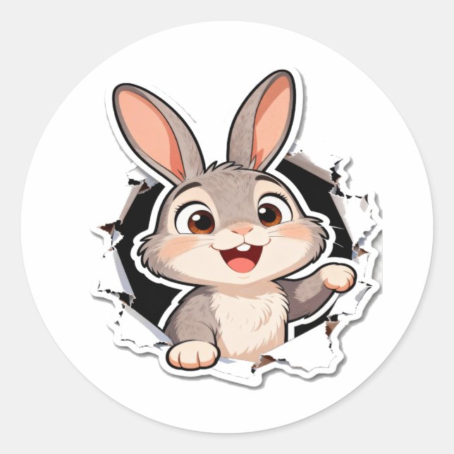 Pegatina Redonda Cute Bunny Torn Paper Sticker (Anverso)