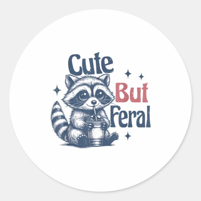 Pegatina Redonda Cute But Feral Raccoon Drinking Boba Toddler Vinta (Anverso)