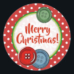 Pegatina Redonda Cute Button Polka Doted Merry Christmas<br><div class="desc">Botones caprichosos adorables pegatinas navideños Feliz,  azul verde rojo con puntos de polka blanco.</div>