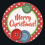 Pegatina Redonda Cute Button Polka Doted Merry Christmas<br><div class="desc">Botones caprichosos adorables pegatinas navideños Feliz,  azul verde rojo con puntos de polka blanco.</div>