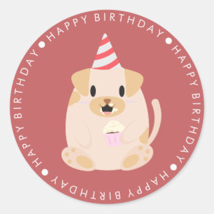 Pegatina Redonda Cute cachorro perro feliz cumpleaños
