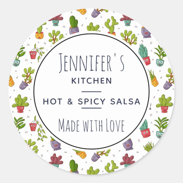 Pegatina Redonda Cute Cactus Naturaleza Sucultores Patrón Cocina (Anverso)