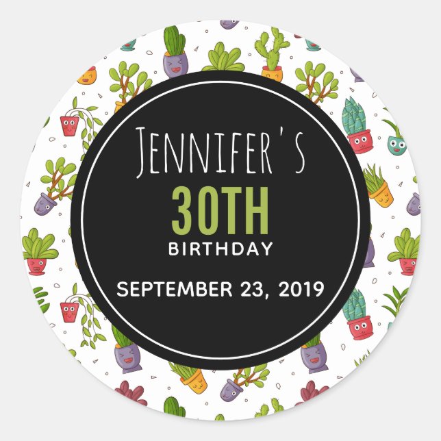 Pegatina Redonda Cute Cactus Naturaleza Sucultores Patrón Cumpleaño (Anverso)
